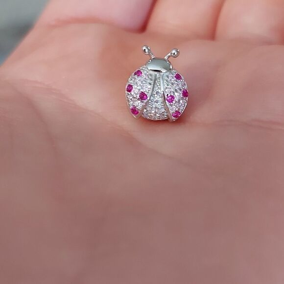 925 Sterling Silver Pink Ladybug Charm - Picture 3 of 7